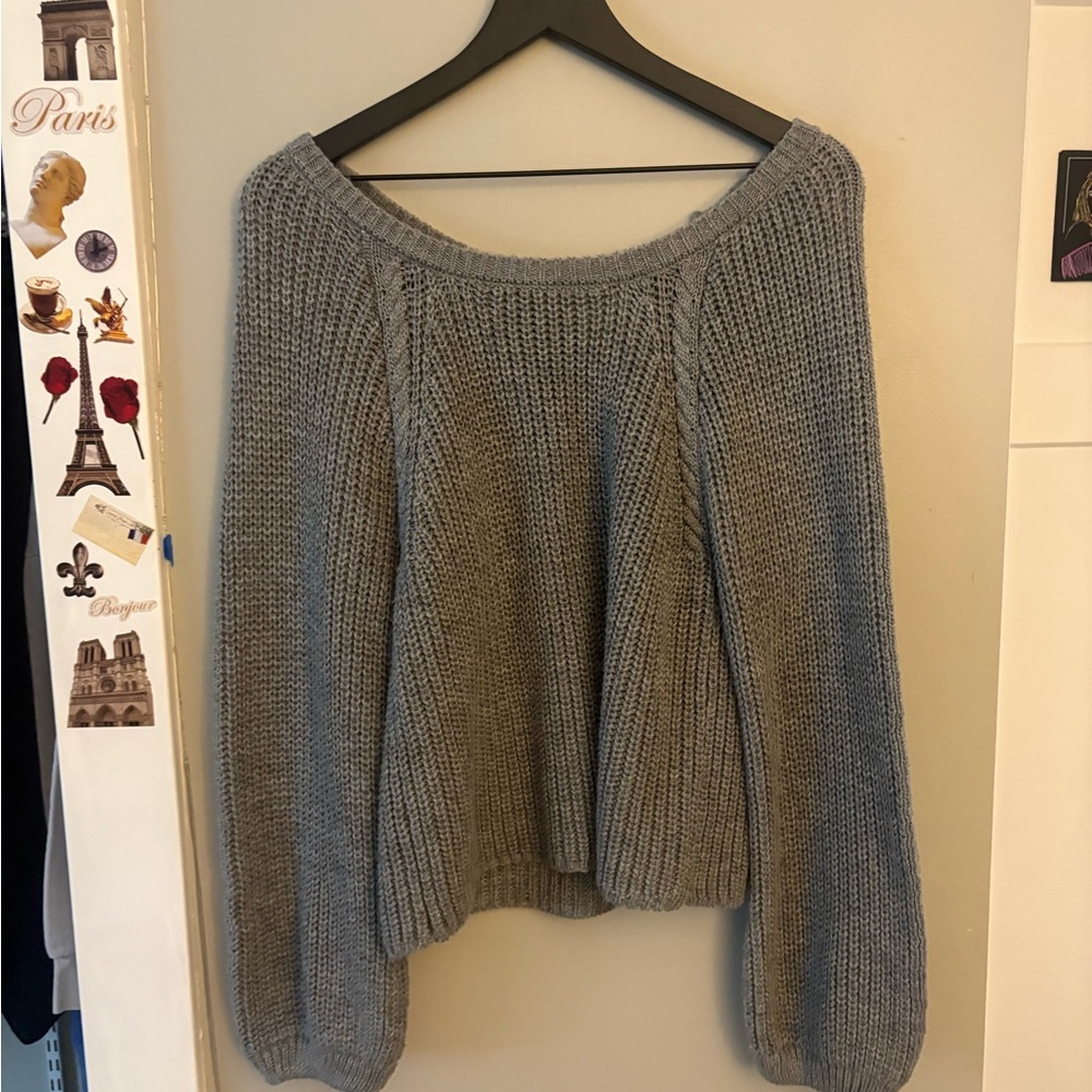 Cotton Emporium Gray Crew Neck Sweater with Balloon Sleeves